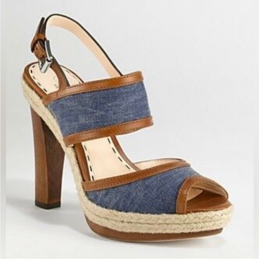 Coach Blue and Brown Platform Sandals with Espadrille Trim